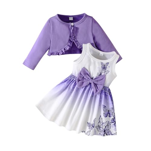 Partclots Baby Girl Summer Outfits Tulle Dress Sleeveless And Puff Sleeve Denim Jacket Baby Girl Clothes Set (PURPLE butterfly, 3-6 Months)