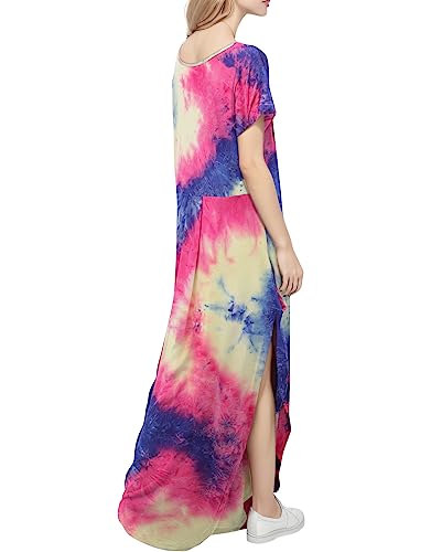 Image of Match Women's V-Neck Casual Loose Short Sleeve Long T-Shirt Dress Split Maxi Dress with Side Pocket