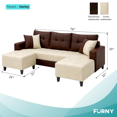 Image of SLEEPIFY Harlon Leatherette Fabric 3 Seater Sofa Set with 2 Ottoman (Cream - Dark Brown) | Comfortable & Spacious Seating | Modern Sofa Set for Living Room | Soft Touch Upholstery
