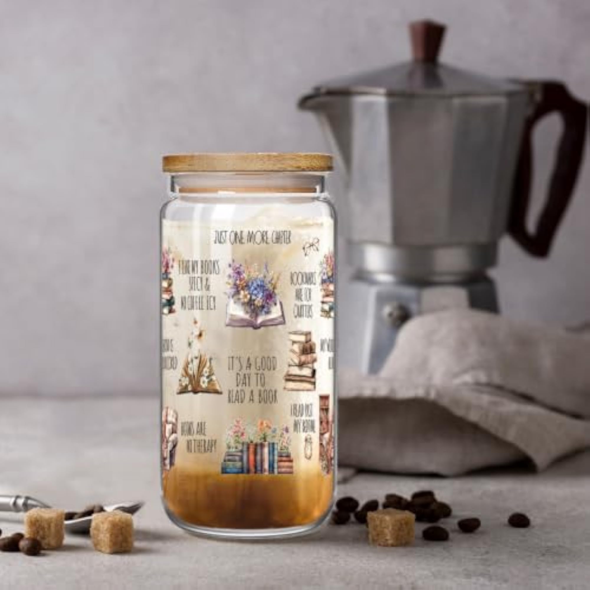 Funny Book Lovers Glass Cup with Lid and Straw
