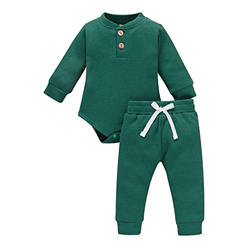 Image of Newborn Baby Boy Girl Clothes Ribbed Knitted Cotton Long Sleeve Romper Long Pants Solid Color Fall Winter Outfits