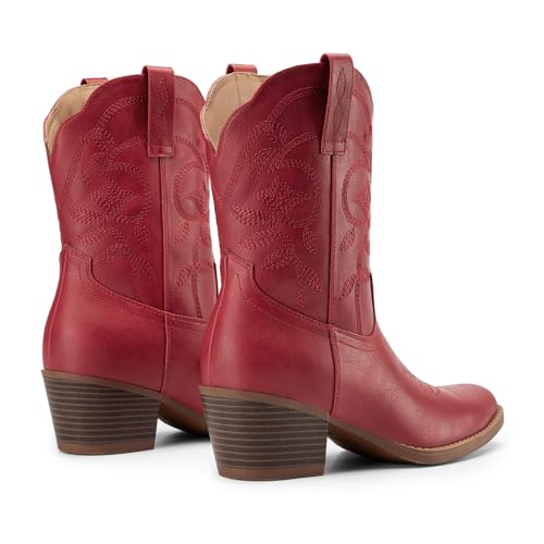 Athlefit Women's Cowboy Cowgirl Ankle Boots Square Toe Low Chunky Heel Embroidery Western Short Booties for Country Concerts Red Size 10, AD00764 — view 6