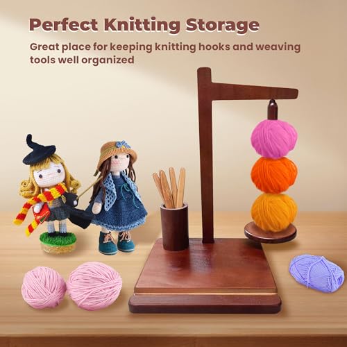 Image of MEHIDFY Wooden Yarn Holder for Crocheting and Knitting with Magnetic Spinner, Crocket Hook Storage with Phone Stand, Yarn Ball Holder for Crochet Lovers