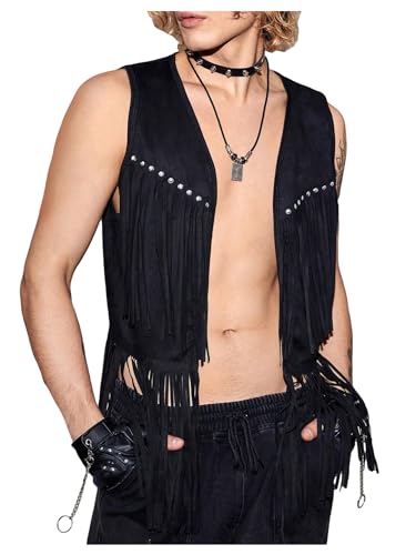 GORGLITTER Men's Fringe Western Vest Open Front Cowboy Vest Jacket 70s Outfits Tassel Tops3