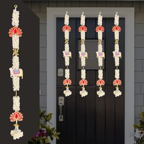 Image of Rajasthan Kraft Handcrafted MDF Lotus & Cow Hanging with Gajra & Swastik (Set of 4, 35 Inch, White & Red) Perfect for Home, Wedding and Event Decor