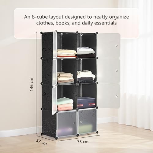 Image of Amazon Basics Plastic Modular Wardrobe Storage Cabinet for Home | 8 Cube Organizer with Doors | DIY Foldable Closet for Clothes, Shoes & Accessories | Black | 75 x 37 x 146 cm