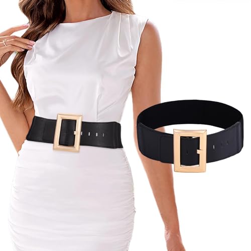 Tgirls Women's Elastic Belt Gold Wide Belt for Dresses Leather Stretchy Waist Belts Fashion Christmas Santa Belt