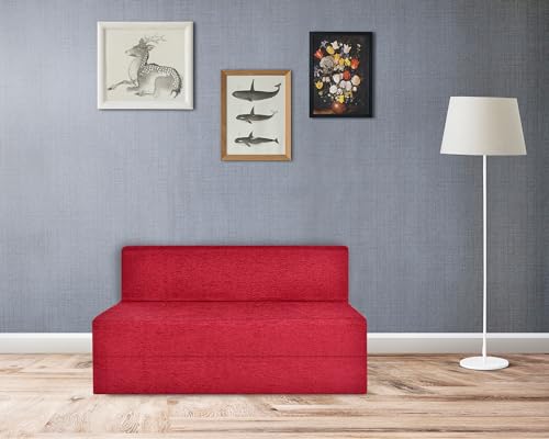 Image of Foldable Two Seater Sofa Bed 4X6 Ft Jute Fabric Washable Cover Convertible Sofa Bed for Home & Office, Guest Room (Finish Color Red - Pre-Assembled)