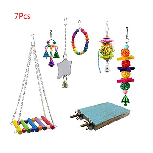 cicianco Juego de 7 Piezas de Juguetes de Jaula de Loros Colgar Perchas de pájaros y Perchas, de Madera, para Hamaca o Masticar