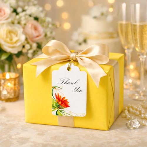 Image of CVANU Floral Thank You Gift Tags (Set of 100), Elegant Flower Design (D12) Hanging Tags with Gold String for Wedding Return Gifts & Small Business Packaging (2.85 x 1.7 Inch)
