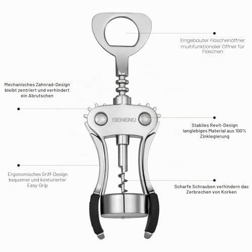 Foto von Beneno Weinflaschenöffner, BENENO Zinklegierung Premium Flügelkorkenzieher Weinöffner mit multifunktionalen Korken und Kappen Flaschenöffner, Silber