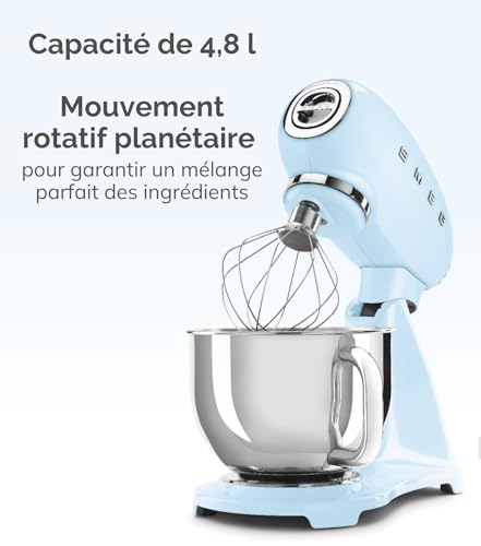Smeg, Robot Pâtissier SMF03RDEU, 10 Niveaux de Vitesse, Fonction Mise en Marche Progressive, Bol 4,8 L, Verrouillage Moteur de Sécurité, 3 Batteurs, Crochet et Couvercle Fournis, 800W, Rouge