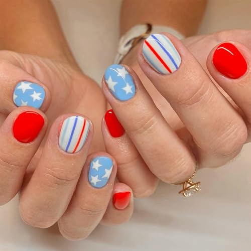 4th Of July Press On Nails Short Oval Fake Nails Independence Day Nails Press Ons Red Blue White Stripe Acrylic Nails Patriotic Star Stick On Nails Glossy Full Cover Glue On Nails For Women 24Pcs
