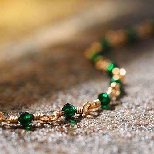 MEVECCO Anklet for Women Gold Bead Wire Wrapped Rosary Chain Emerald Zirconia 14K Gold Plated Dainty Boho Beach Summer Simple Foot Jewelry Ankle Bracelet