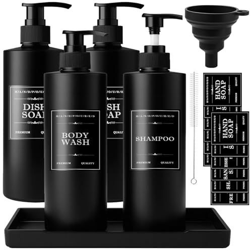 Maxumille 4 Pièces Distributeur de Savon 500ml, Noir Flacon Pompe Vide, Mat Plastique Bouteilles de Shampoing avec Étiquettes pour Salle de Bain et Cuisine