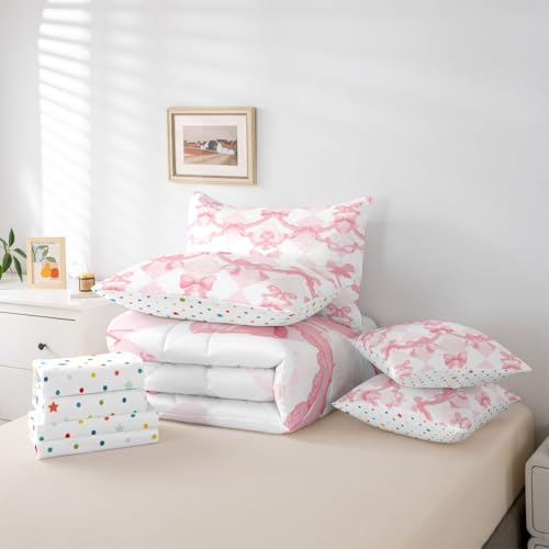 Image of Watercolor Bow Bed in a Bag Queen Comforter Set 7-Piece | Pink Bow Tie Bedding Sets Dreamy Princess Style Bowknot Comforter and Sheet Set, Girly Pink Bow Room Decor,Cute Room Decor Aesthetic Kawaii