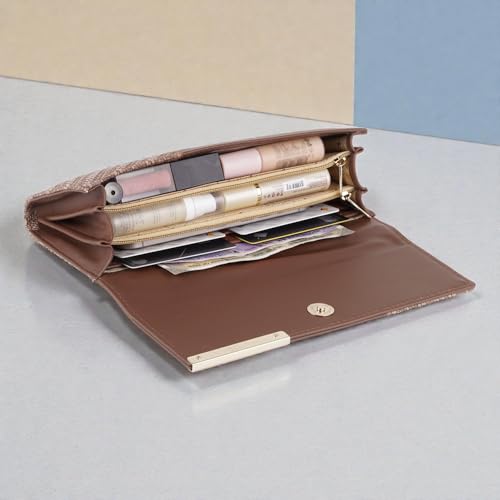 Image of Wallet for Women Girls Stylish Floral Faux Leather with Phone Space Coin Compartment Mobile Storage 4 Card Slots Holder Cash Zip Pockets Hand Clutch for Daily Use Ladies Long Purse (Brown)