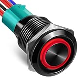 Acegoo 19mm 12V ON/Off Switch 10A Push Button SPST Switch Backlite Self-Locking for RV Boat Truck Automotive Lighting, 7” Pre-Wired Pigtail 3/4” Drill Hole Aluminum Shell 12V/24V (Black-2Pcs)