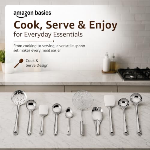 Image of Amazon Basics Stainless Steel Cooking Spoon Set 10 Pieces | Kitchen Utensil Set with Ladle, Turner, Strainer, Rice Spoon, Oval Spoon & Serving Spoons | Durable Food-Grade Steel | Rust Resistant | Easy to Clean | Hanging Design