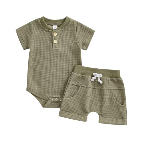 Image of Kuriozud Newborn Baby Boy Summer Clothes Button Short Sleeve Romper Bodysuit Shorts Set Infant Soft Waffle Outfit