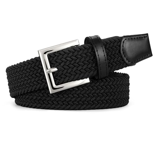 JASGOOD Women Braided Woven Elastic Belt Golf Casual Stretch Belt with Silver Buckle for Ladies Jeans Pants，Black