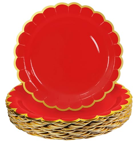 Image of HEIPINIUYE 50 Pieces Red Paper Plates with Gold Foil 7 Inch Disposable Red Scalloped Dinner Plates for Wedding Baby Shower Birthday Party Dessert Plate