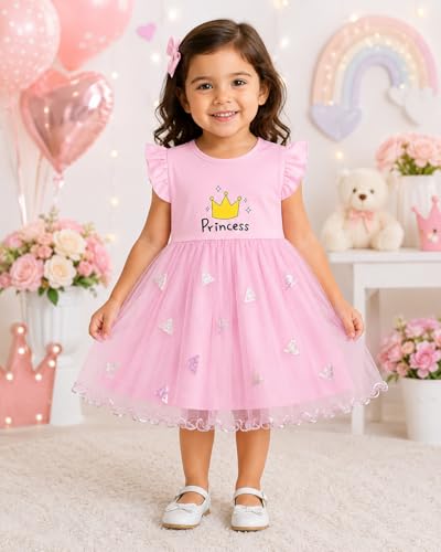 Image of Bold N Elegant Baby Girls Princess Dress with Soft Mesh Net Overlay | Short Sleeve Toddler Party Dress | Cute Crown Print Casual Frock for Infant & Kids | Summer Birthday Outfit for Girls