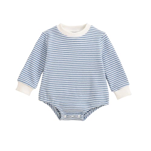 Image of Gobuuly Baby Sweatshirt Romper Boy Girl Waffle Knit Long Sleeve Striped Romper Oversized Sweater Newborn Fall Winter Clothes