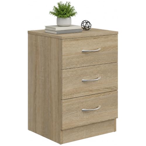 Image of HOMCOM Bedside Table with 3 Drawers, Modern Nightstand for Bedroom, Oak | Side Table with Wood Effect, Non Slip