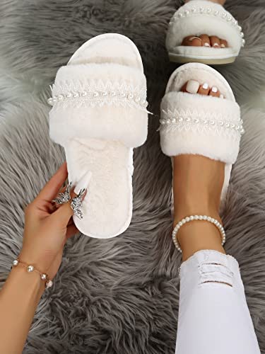 Verdusa Women's Pearls Open Toe Fuzzy House Slippers Faux Fur Bedroom Shoes3