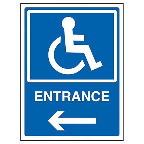 V Safety Disabled Entrance Arrow Left 150 x 200 mm - Blue Rigid Plastic Safety Sign
