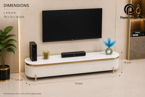 Image of Mazzo Modern TV Unit /Console - 70 inchx12 inchx18 inch White Marble Top with Golden Acrylic, Waterproof Plywood & Charcoal Louvers - Media Cabinet | Modern TV Stand Console Without Storage (White)