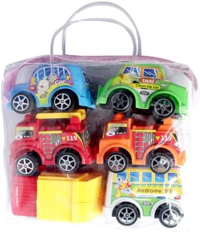 Kit com 6 Carrinhos de Brinquedo com Fricção, Veículos Coloridos com Olhos, Inclui Bolsinha de Transporte, 4cm x 4,5cm x 3cm