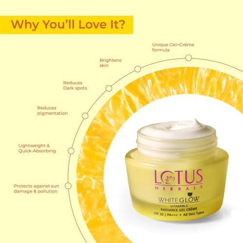 Image of Lotus Herbals WhiteGlow Vitamin C Radiance Cream | SPF 20 | For Dark Spots & Dull Skin | Anti- Pollution | 35g (Pack of 1)