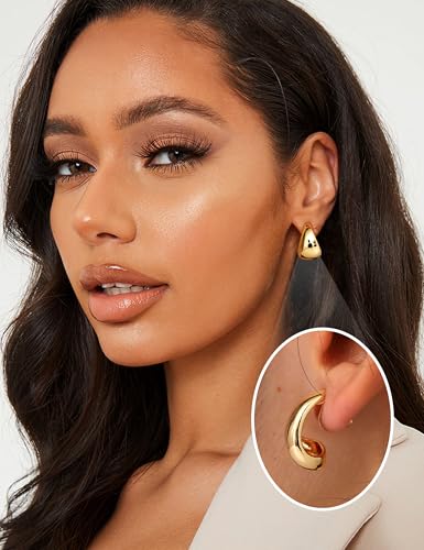 BESTEEL 3Pairs Clip on Earrings for Women Trendy Hypoallergenic 14K Gold Plated Chunky Tube Croissant Waterdrop Clip-on Hoop Earrings Set Fake Jewelry Non Pierced Ears3