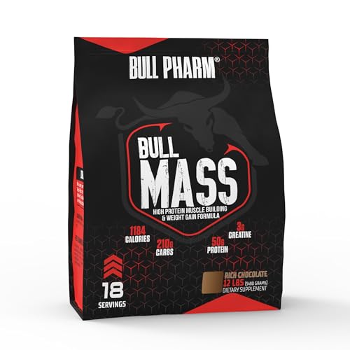 Image of Bull Mass Muscle Gainer Protein Powder | Increased Athletic performance | Strength | Weight Gain | Lean Muscle | FSSAI Approved (Rich Chocolate, 12 Lbs)