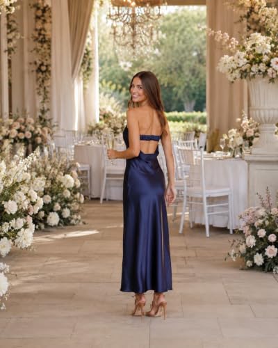 Image of Realtix Summer Satin Strapless Backless Maxi Dress for Women Wedding Guest
