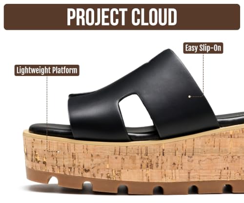 Image of Project Cloud 100% Genuine Leather Wedge Platform Sandals Women Footwear - Memory Foam Insole and Non-Slip Platform Slides for Women - Lightweight Womens Sandals (MILA,BLKLEA,7.5M)