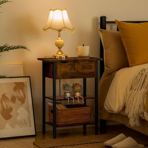 HOOBRO Narrow End Table with Charging Station and USB Ports for Small Spaces - Rustic Brown