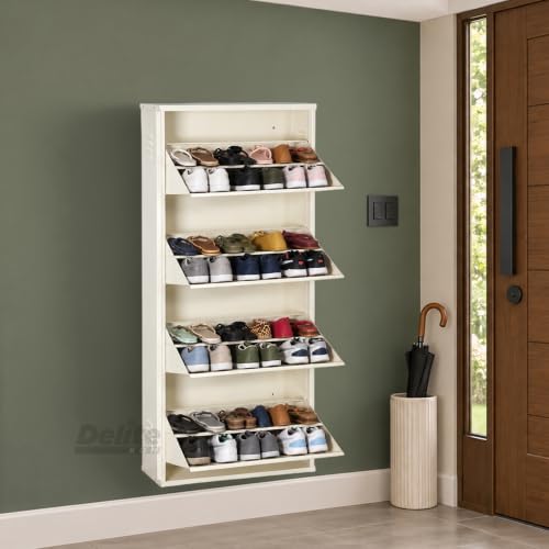 Image of DELITE KOM AIRO 24 inch 8 Shelf Double Decker Metal Shoe Rack Wall Mount for Home with Lock | Air-Vent Panels Keep Shoes Odour-Free | 24 Shoes /40 Slippers | 1Yr Warranty | 54x24x8 Ivory | DIY