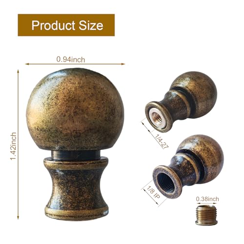 Image of Lamp Finials 2 Pack, 1 /4-27 Thread Antique Brass | Solid metal antique brass finish. Includes nut cap & harp adapter. For table lamps, floor lamps, home lighting. Easy install.