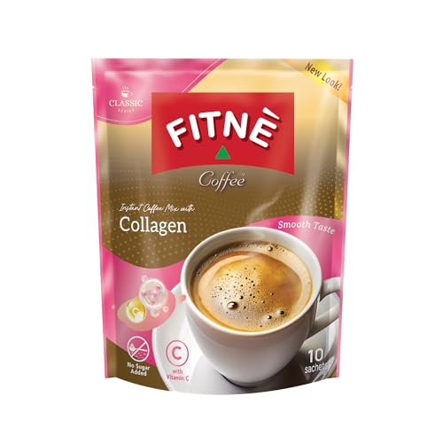 FITNÈ Instant 3 In 1 Coffee Packets Mix With Natural Hydrolyzed Collagen Vitamin C Smooth Blend Tasty Aromatic No Sugar Sucralose Sweetener, 10 Sticks