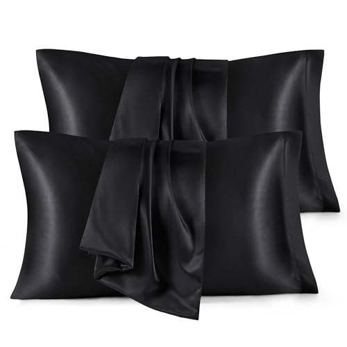 Image of Bedsure Satin Pillowcase for Hair and Skin Queen - Black Silky Pillowcase 4 Pack 20x30 Inches with Envelope Closure, Similar to Silk Pillow Cases, Gifts for Women Men