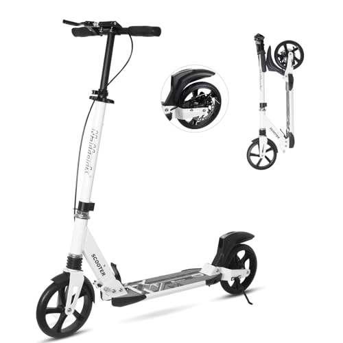 Nattork Scooter for Kids 6+, Teens & Adults - Max Load 220LB, Foldable, Lightweight, Adjustable Height, 8-Inch Wheels Kick Scooter for Boys Girls White (Disc-Brake Version)