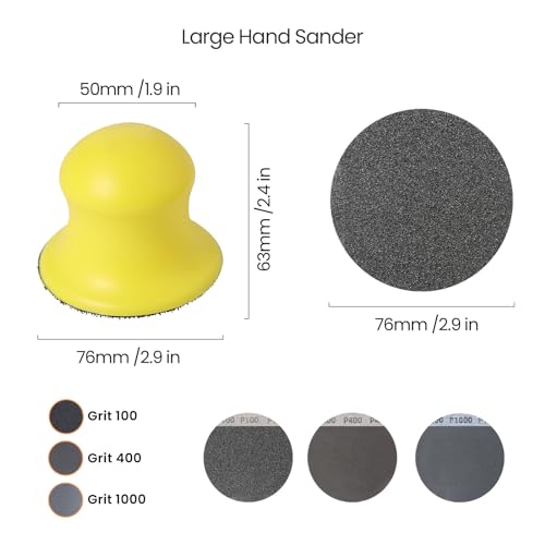 BOOWAN NICOLE Nass-Trockene Hand Schleifklotz für Jesmonite Beton Terrazzo, Runde Haken und Schleife Schleifmaschine mit 100/400/1000 Grit Sandpapiere für Handwerk Polieren (A0166+A0334+A0335+A0336)