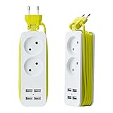  Cable de alimentación multifunción, enchufe inteligente con 2 agujeros redondos + 4 puertos USB, cable de extensión de 1,5 m, para casa, viaje, etc. (redondo, verde)