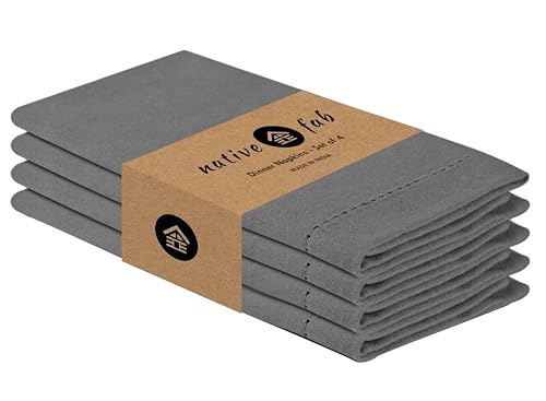 Native Fab Grey Cloth Napkins, Set of 4, 100% Cotton, Hemstitched Mitered Edges 18x18 inch, Soft, Durable, Absorbent, Washable, Hotel Linen Quality - Events, Lunch, Party, Dinner Napkins - Gray
