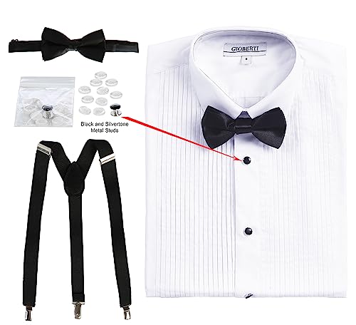 Gioberti Boy's White Tuxedo Dress Shirt with Bow Tie & Suspenders and Metal Studs