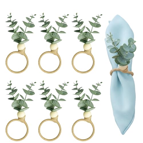 Napkin Rings Set of 6, Elegant Napkin Buckles,Rustic Farmhouse Boho Green Leaf Eucalyptus Wood Bead Napkin Rings for Spring Fall Family Banquet Easter Thanksgiving Christmas Wedding Table Decor
