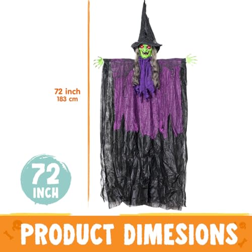 Image of JOYIN 72 inch Halloween Hanging Witch Decorations Outdoor, Flying Ghost Decor Green Face Life Size Sound Activated Light Up Eyes Party Supplies for Garden Haunted House Front Porch Door Scary Modern